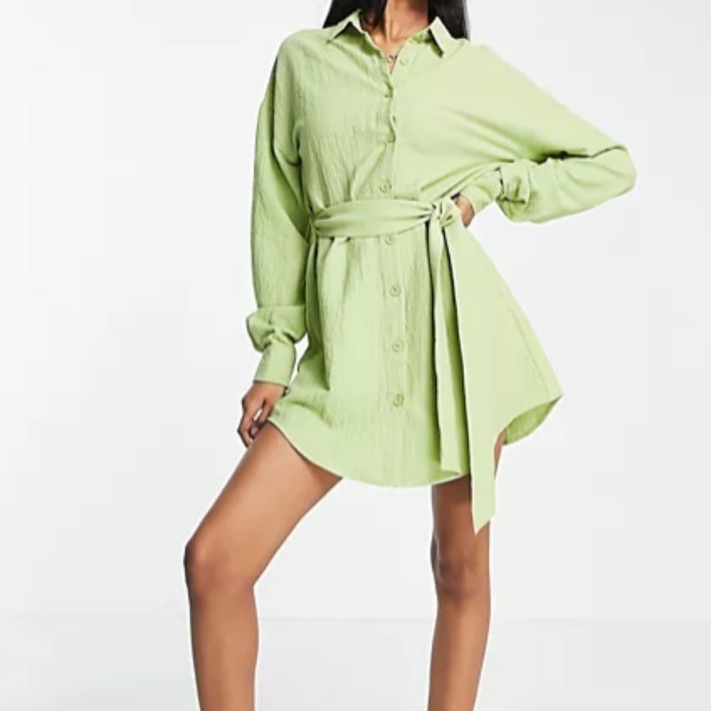 Lola May shirt Dress with Tie Waist in Green - Picture 1 of 7